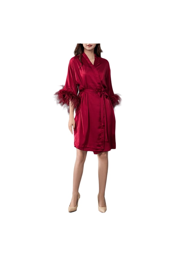 Satin Robes for Women Sexy Fur-Splice 3/4 Sleeve Lightweight Sleepwear Bathrobes Ladies Soft Silk Elegant Solid Loose Short Nightgowns Bath Robe Christmas Pajamas