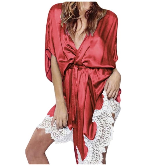 Satin Robes for Women Lace Patchwork Bridal Robes Bridesmaid Wedding Party Bathrobe Long Sleeve Pajamas Short Sleepwear Robe with Belt L
