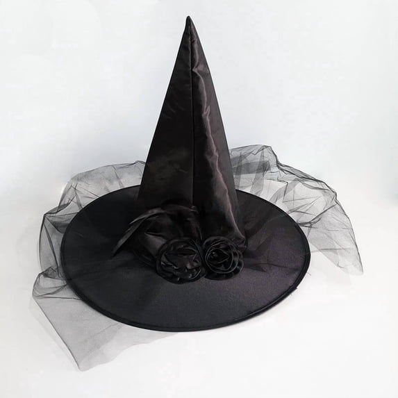 Satin Rose Tulle Decor Witch Hat,Halloween Cosplay Pointed Wizard Hat,Costume Accessory for Dress Up Party,Themed Gathering,Holiday Outfit Matching