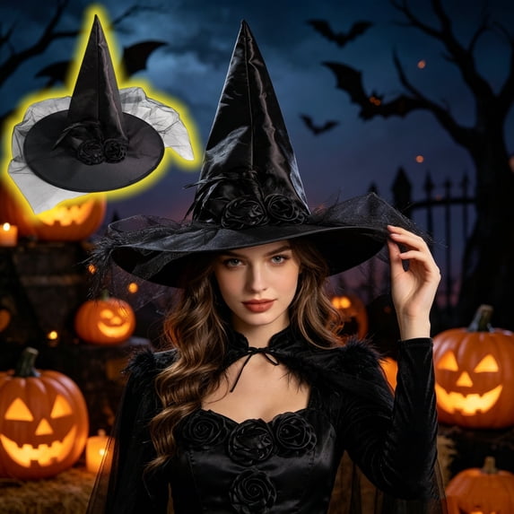 Satin Rose Tulle Decor Witch Hat,Halloween Cosplay Pointed Wizard Hat,Costume Accessory for Dress Up Party,Themed Gathering,Holiday Outfit Matching
