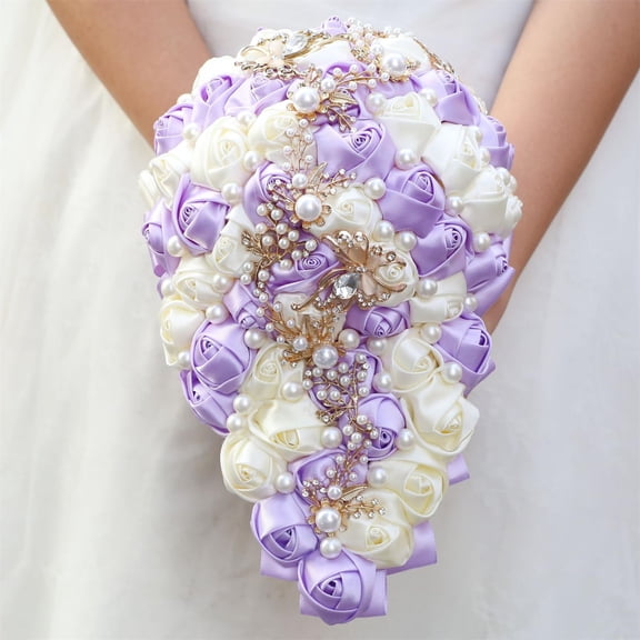 Satin Rose Water Drop Bouquet, 8.7 Inch Handmade Crystal Wedding Tossing, Round Bridal Jewelry Proposal Corsage, Bride Wrist Flower, Ivory Light Purple