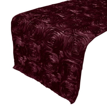 Satin Rosette Table Runner Raised Roses Burgundy