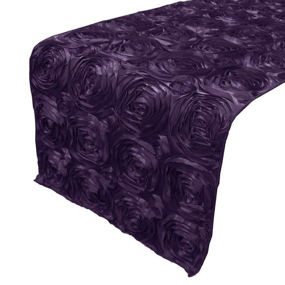 Satin Rosette Table Runner Raised Roses Eggplant