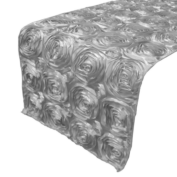 Satin Rosette Table Runner Raised Roses Silver
