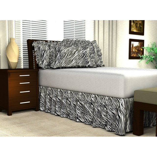 Satin Ruffled Bed Skirt with Platform, Queen, Zebra Black, 14" Drop