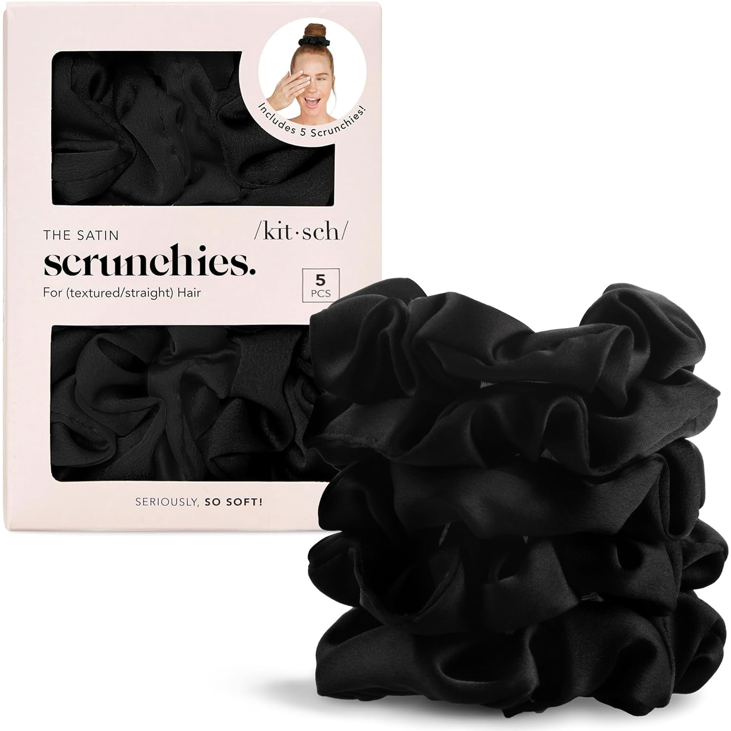 Satin Scrunchies for Women – No Crease Hair Ties – Soft Satin Hair Scrunchies for Girls – Frizz Free, Gentle, Stylish Hair Accessories | Ideal Gifts for Women – Black, 5 pcs