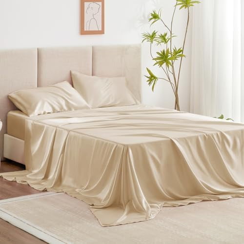 Satin Sheet Set, 3 Piece - Twin XL, Beige, Luxury Silky Soft Bed Linen with Deep Pockets