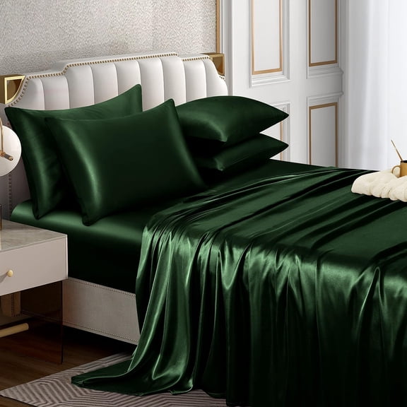 Satin Sheet Set, Luxury Silky & Soft Emerald Green, Deep Pocket, Fitted Sheet, Flat Sheet, Pillowcases