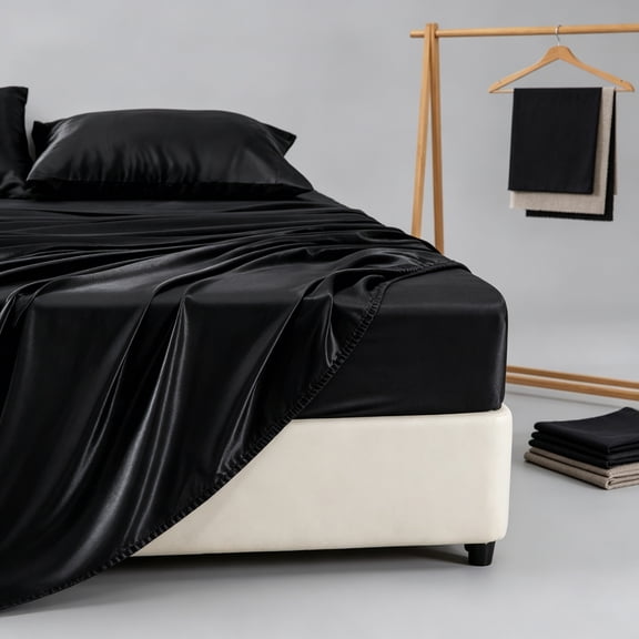 Satin Sheets Bed Set, Luxury Soft Black Silky Sheets for Hair and Skin, Similar to Silk Bed Sheets Set 4 Pieces with 1 Deep Pocket Fitted Sheet, 1 Flat Sheet, and 2 Pillowcases