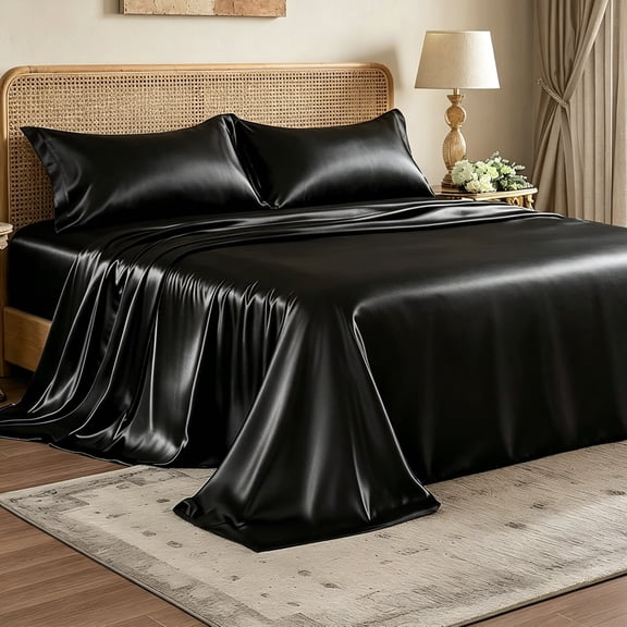 Satin Sheets Bed Set, Luxury Soft Black Silky Sheets for Hair and Skin, Similar to Silk Bed Sheets Set 4 Pieces with 1 Deep Pocket Fitted Sheet, 1 Flat Sheet, and 2 Pillowcases