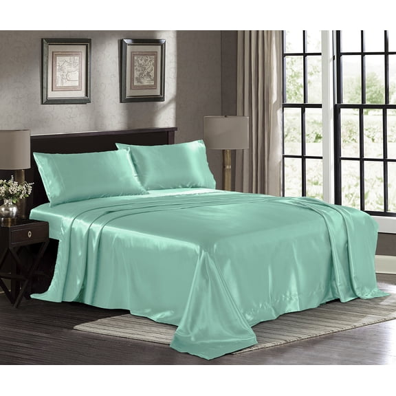 Satin Sheets California King [4-Piece, Turquoise] Hotel Luxury Silky Bed Sheets - Extra Soft Microfiber Sheet Set, Wrinkle, Fade, Stain Resistant - Deep Pocket Fitted Sheet, Flat Sheet, Pillow Cases