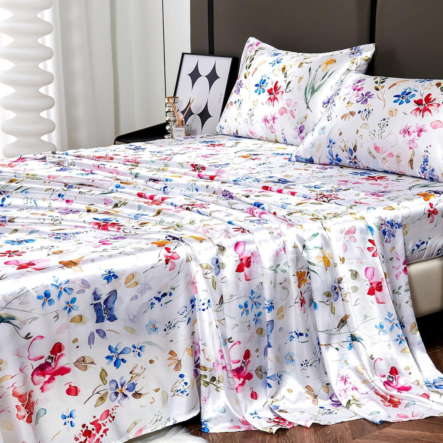 Satin Sheets Floral Print Luxurious Silky Feel Queen Sheet Set
