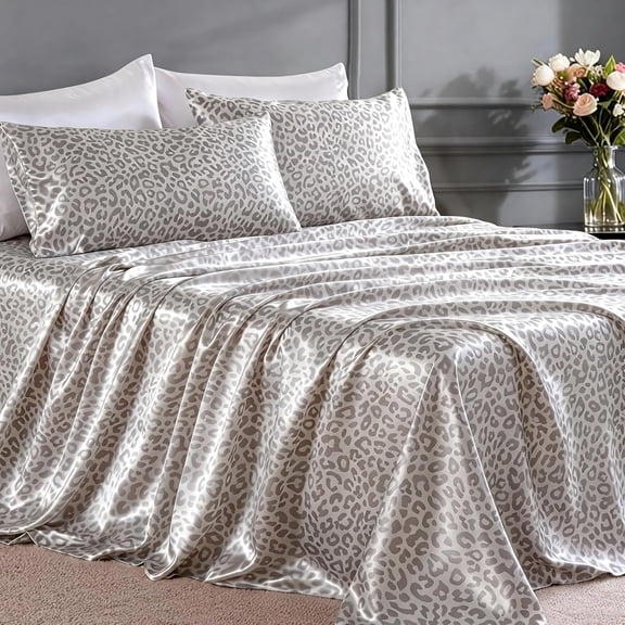 Satin Sheets Full Size - 4 Piece Luxury Soft Silky Full Size Bed Sheets, Similar to Silk Bed Sheet Set with 1 Deep Pocket Fitted Sheet, 1 Flat Sheet & 2 Pillowcases (Leopard)