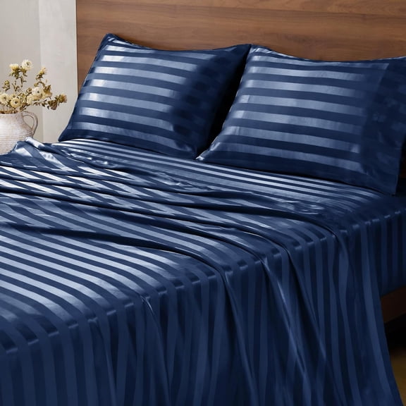 Satin Sheets Full Size, Luxury Jacquard Striped Navy Bedsheets Set with Elastic Corner Straps, Similar to Silk Sheets Set 4 PC with 1 Deep Pocket Fitted Sheet, 1 Flat Sheet, & 2 Pillowcases