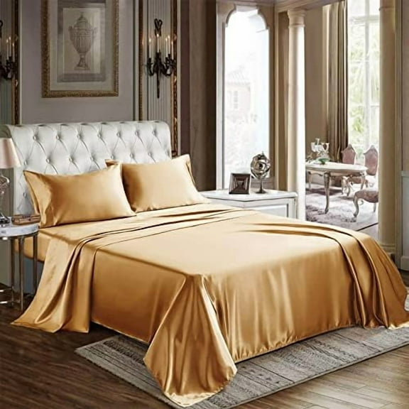 Satin Sheets King Size - 4 Piece Gold Bed Sheet Set with Silky Microfiber, 1 Deep Pocket Fitted Sheet, 1 Flat Sheet, and 2 Pillowcases - Smooth and Soft