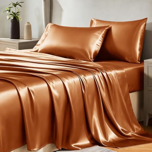 Satin Sheets King Size Sheet Set - 4 Piece Silky King Sheets, Luxury Terracotta King Bed Set with Smooth and Soft Microfiber, Includes 1 Fitted Sheet, 1 Flat Sheet and 2 Pillowcases