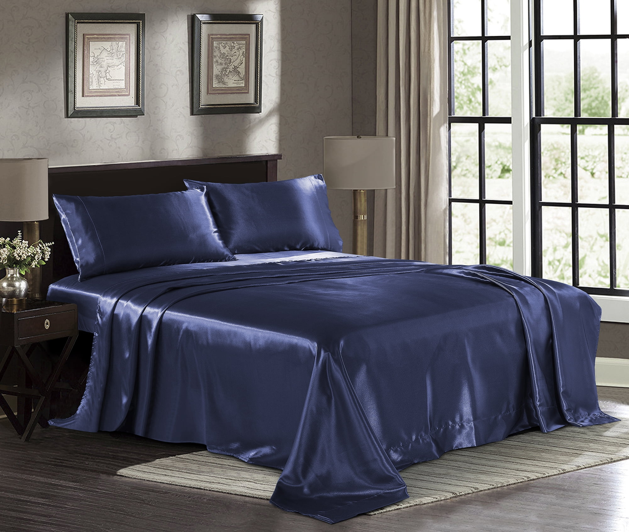 Satin Sheets Queen [4-Piece, Midnight Blue] Hotel Luxury Silky Bed