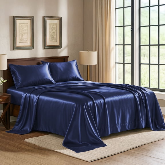 Satin Sheets Queen [4-Piece, Midnight Blue] Hotel Luxury Silky Bed Sheets - Extra Soft 1800 Microfiber Sheet Set, Wrinkle, Fade, Stain Resistant - Deep Pocket Fitted Sheet, Flat Sheet, Pillow Cases