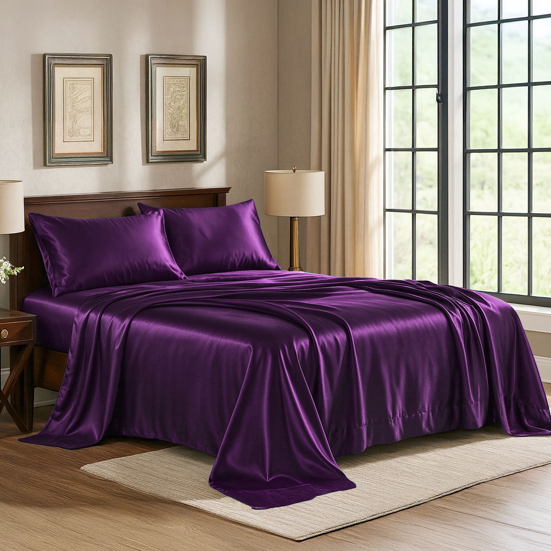 Purple Satin Sheets Queen - 4-Piece Hotel Luxury 1800 Microfiber Set ...