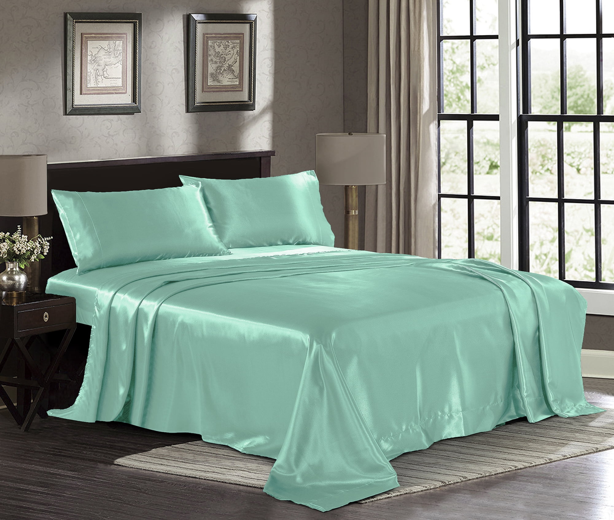 Turquoise Queen Microfiber Satin Bed Sheet Set