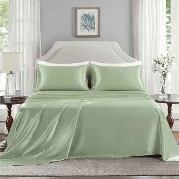 Satin Sheets Queen Size - 4 Pieces Luxury Silky Soft Bed Sheets, Wrinkle-Free Sage Green Satin Silk Sheet Set with 1 Deep Pocket Fitted Sheet, 1 Flat Sheet, 2 Pillow Cases