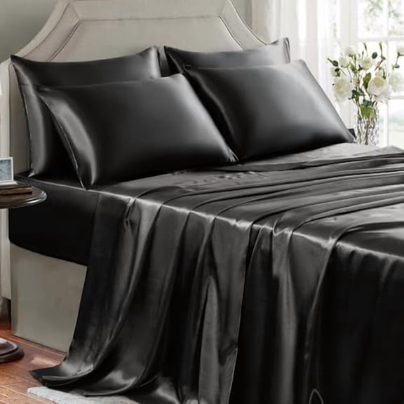 Satin Sheets Queen Size - 6 Pieces Luxury Silky Soft Bed Sheets, Wrinkle-Free Black Satin Silk Sheet Set with 1 Deep Pocket Fitted Sheet, 1 Flat Sheet, 4 Pillow Cases