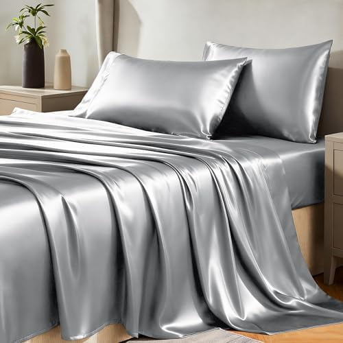 Satin Sheets Queen Size Bed Set - 4 Piece Silky Queen Sheet Set, Luxury Light Grey Queen Sheets with Smooth and Soft Microfiber, Includes 1 Fitted Sheet, 1 Flat Sheet and 2 Pillowcases