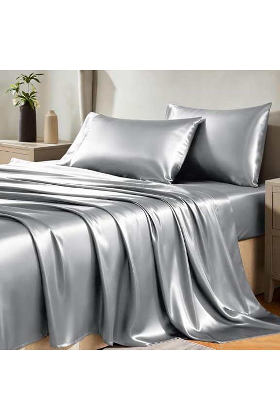 Satin Sheets Queen Size Bed Set - 4 Piece Silky Queen Sheet Set, Luxury Light Grey Queen Sheets with Smooth and Soft Microfiber, Includes 1 Fitted Sheet, 1 Flat Sheet and 2 Pillowcases