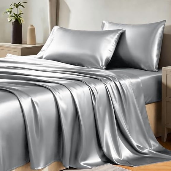 Satin Sheets Queen Size Bed Set - 4 Piece Silky Queen Sheet Set, Luxury Light Grey Queen Sheets with Smooth and Soft Microfiber, Includes 1 Fitted Sheet, 1 Flat Sheet and 2 Pillowcases