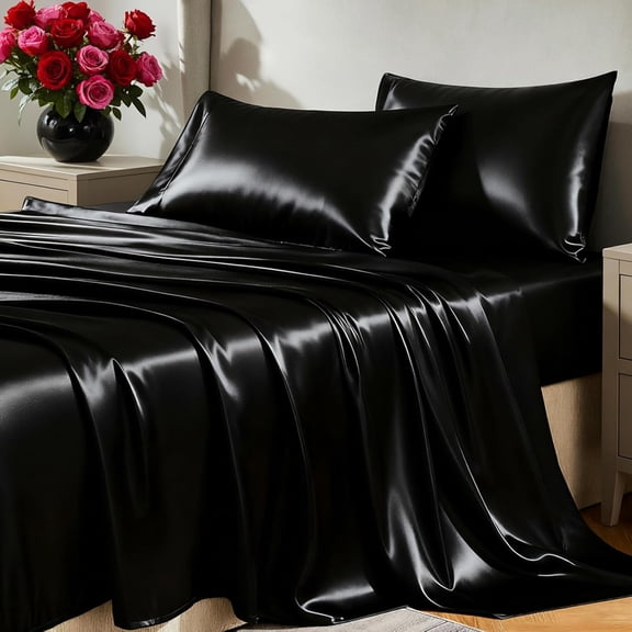 Satin Sheets Queen Size Bed Set - Silky Soft Bedding Similar to Silk, 4 Piece Sheet Set for Hair and Skin, Deep Pocket with All-Around Elastic, Home Decor for Bedroom, Black