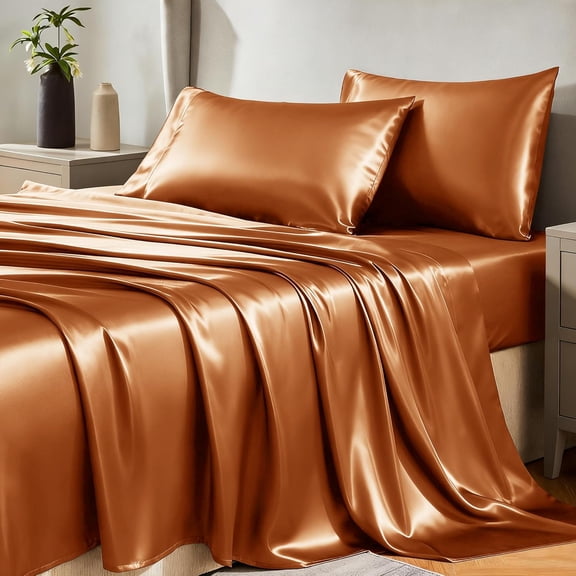 Satin Sheets Queen Size Bed Set - Silky Soft Bedding Similar to Silk, 4 Piece Sheet Set for Hair and Skin, Deep Pocket with All-Around Elastic, Home Decor for Bedroom, Terracotta