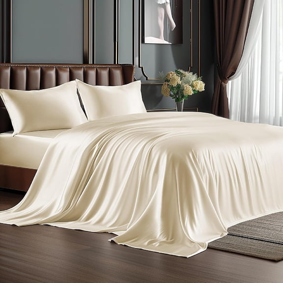 Satin Sheets Set King Size Beige 4 Pieces