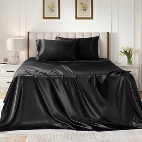 Satin Sheets Set Queen Size, 4 Pieces Soft Silky Bedding Sheets Set with Elastic Corner Straps and 14 Inches Deep Pocket, Includes 1 Fitted Sheet, 1 Flat Sheet, 2 Pillowcases, Black