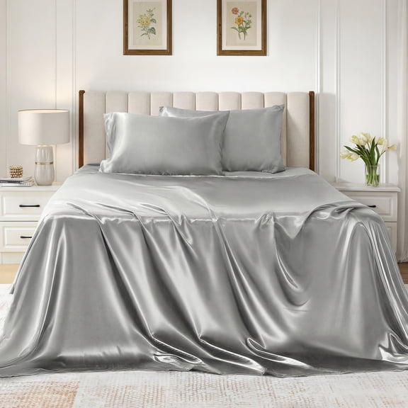 Satin Sheets Set Queen Size, 4 Pieces Soft Silky Bedding Sheets Set with Elastic Corner Straps and 14 Inches Deep Pocket, Includes 1 Fitted Sheet, 1 Flat Sheet, 2 Pillowcases, Light Grey