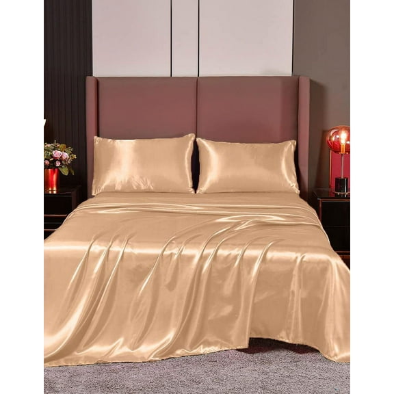Cloud Fino Luxurious Satin Bed Sheets Peach Silk Sheets Twin XL 15 " Deep Pocket Pillowcases Sheet, 4-Piece