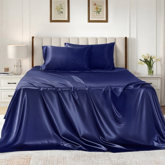 Satin Sheets Set Twin Size, 4 Pieces Soft Silky Bedding Sheets Set with Elastic Corner Straps and 14 Inches Deep Pocket, Includes 1 Fitted Sheet, 1 Flat Sheet, 2 Pillowcases, Navy