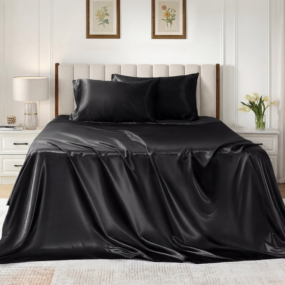 Satin Sheets Set Twin Size, 4 Pieces Soft Silky Bedding Sheets Set with Elastic Corner Straps and 14 Inches Deep Pocket, Includes 1 Fitted Sheet, 1 Flat Sheet, 2 Pillowcases, Black