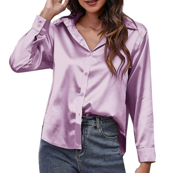 Womens Tops Satin Satin Imitation Silk Long Sleeved Button Down Blouse Shirts for Women