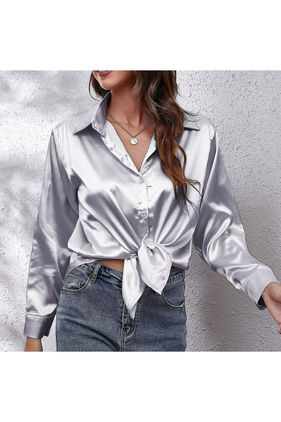 Satin Shirt Women's Satin Imitation Silk Long Sleeved Shirt New European And Foreign Trade Border Clothing V Neck Shirts for Women V Neck Woman T Shirt Oversized T Shirts for Women Pattern Clothes for