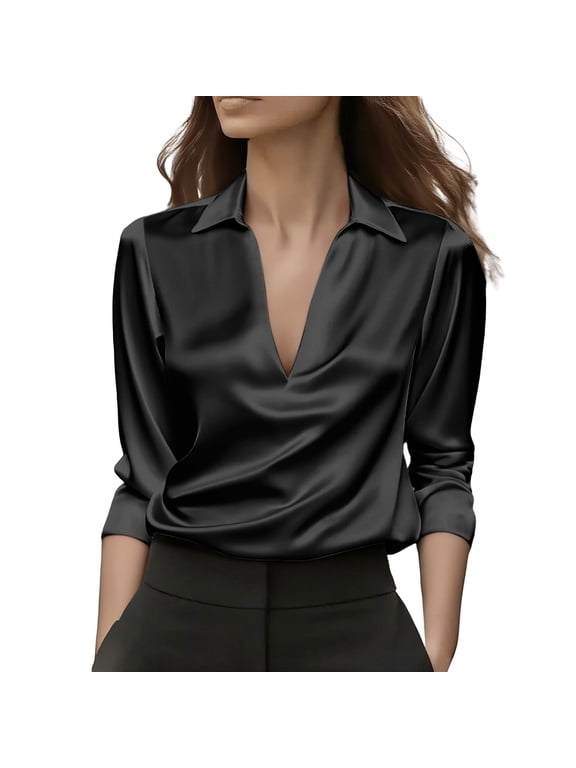 Satin Shirts for Women Fall Clothes Tunic Top Women's Satin Blouse Work Office Top Dressy Blouses Silk Blouse for Women Work Outfits Top Long Sleeve Satin Silk Shirt Long Sleeve Tops Black S-2XL