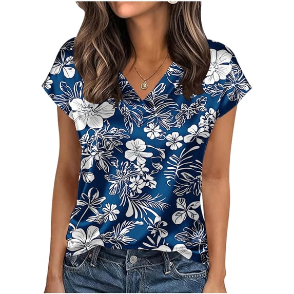 Satin Shirts for Women Stripe Print V Neck Short Sleeve T-Shirt Silky Soft Blouse Tops Business Casual Outfits Going Out Tops Dressy Trendy Shirt 2026 Spring Summer Vacation Outfits|Dark Blue|5XL