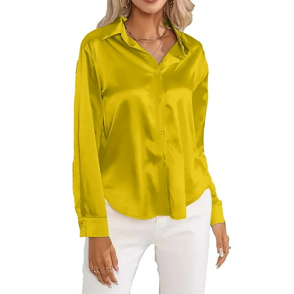 Satin Shirts for Women, Yigetop Satin Women's Shirt Soft Top Color Solid Temperament Casual Silky V Neck Women Shirts formal Shirts for Women Yellow XL