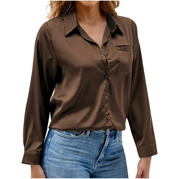 Satin Shirts for Women Button Down Collared Long Sleeve Blouses with Chest Pocket Dressy Casual Tops Office Wear (L, Coffee)