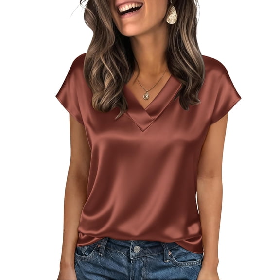 Satin Shirts for Women Cap Short Sleeve Blouse Tops V Neck Shirts Business Casual Tshirts Coffee L
