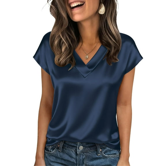 Satin Shirts for Women Cap Short Sleeve Blouse Tops V Neck Shirts Business Casual Tshirts Navy L