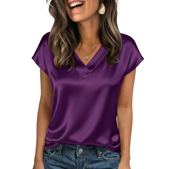 Satin Shirts for Women Cap Short Sleeve Blouse V Neck Tops Business Casual Tshirts Purple S