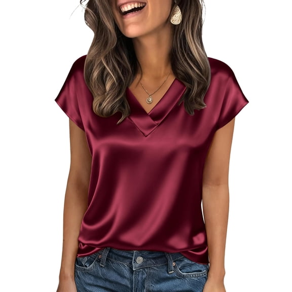 Satin Shirts for Women Cap Short Sleeve Blouse V Neck Tops Business Casual Tshirts Wine L