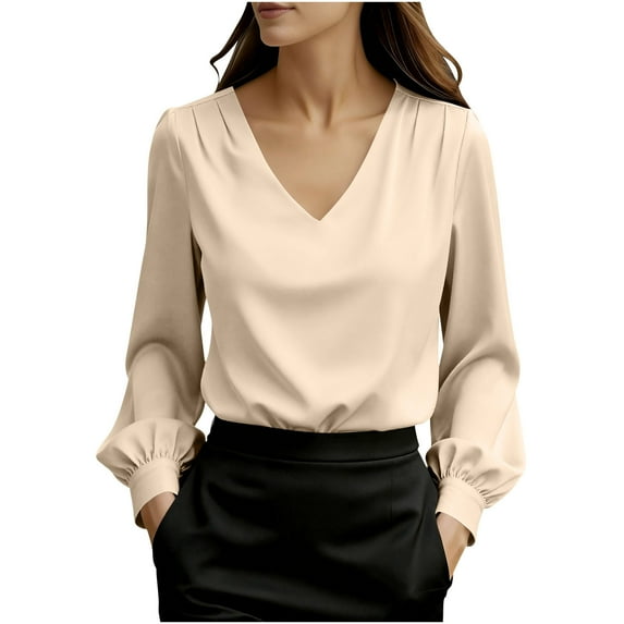 Satin Shirts for Women Fashion Casual V Neck Solid Color Top Puff Long Sleeve Blouse Dressy Business Work Tops Blusa Satinada Mujer Elegante