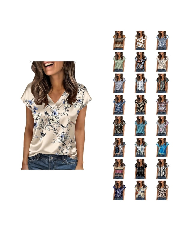 Satin Shirts for Women Summer Short Sleeve V Neck Floral Print Silk Shirt Dressy Casual Blouse Work T Shirts