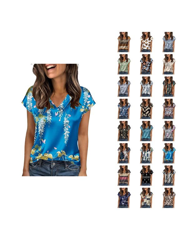 Satin Shirts for Women Summer Short Sleeve V Neck Floral Print Silk Shirt Dressy Casual Blouse Work T Shirts